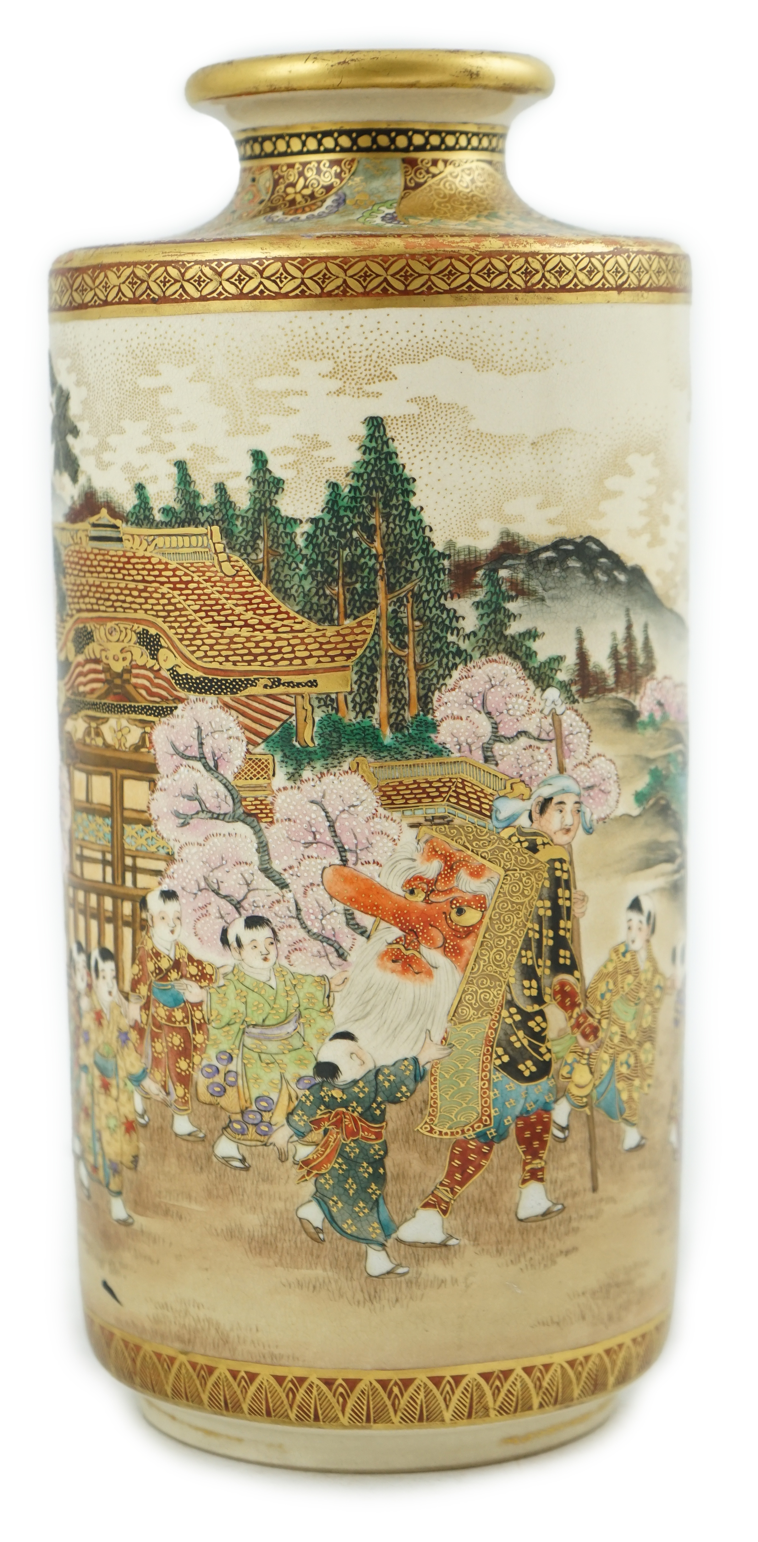 A Japanese Satsuma ‘Spring festival’ cylindrical vase, Meiji period